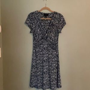 Connected Apparel Blue and White A-line dress with knot detail at bust, size 10.